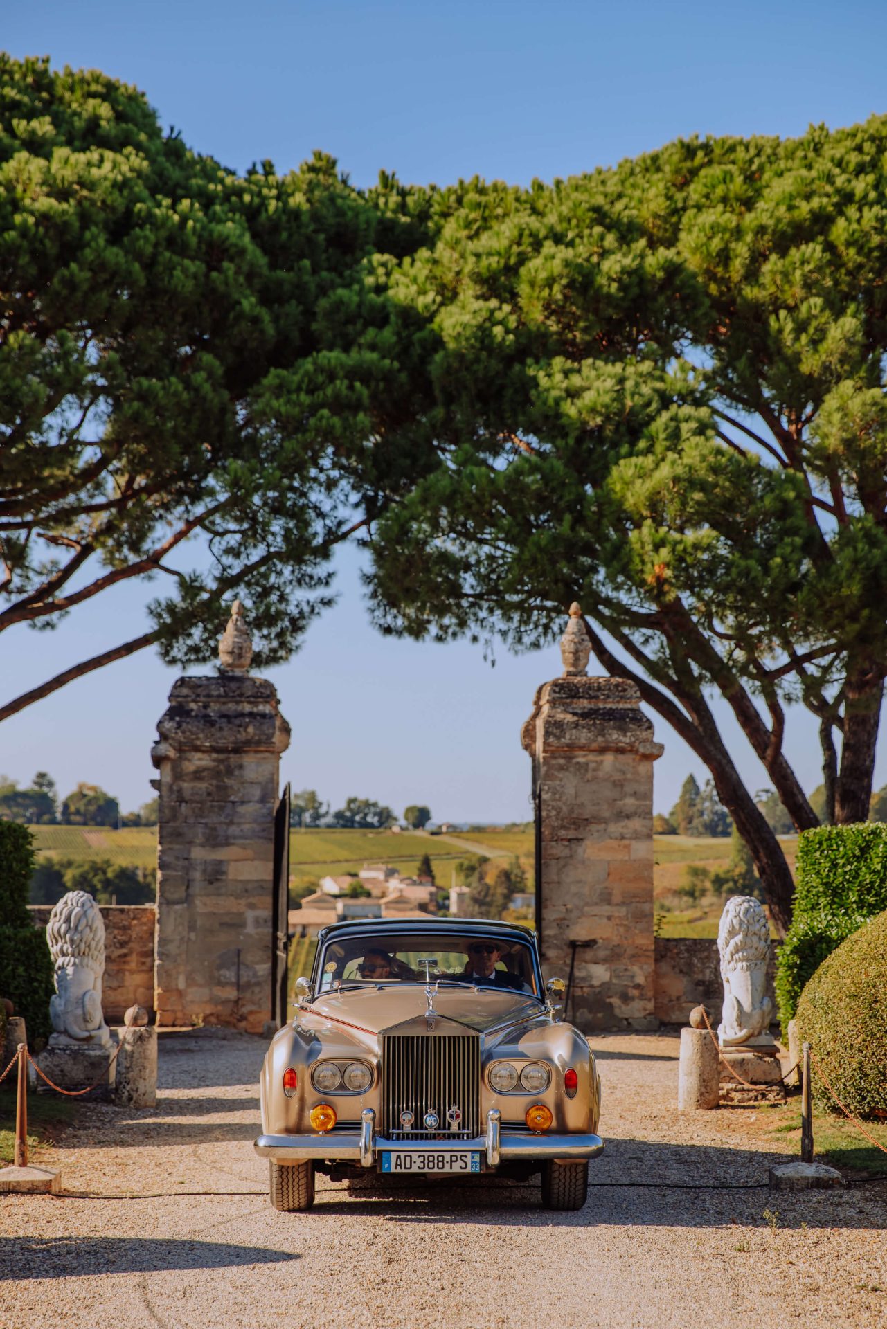voiture ancienne qui entre dans le chateau avec les maries à l'intérieur. Le lieu de réception du mariage est le Chateau Saint Georges à Montagne proche de Saint Emilion, entouré de vignes.